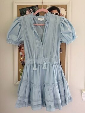 Light Blue Mable Tiered Puff-Sleeve Dress